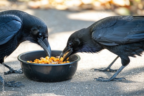 Ravens gather to feast on food from a bowl on a sunny day in a park, Close up of raven crows eating from a food bowl on the ground on a sunny day