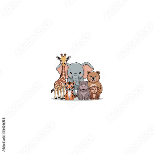 A group of cartoon animals including giraffe elephant and bear shown