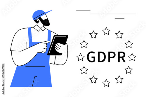 Worker holding a tablet with GDPR elements encircled by stars, visualizing compliance, data security, privacy, regulations, technology, digital governance, and user protection. Ideal for businesses