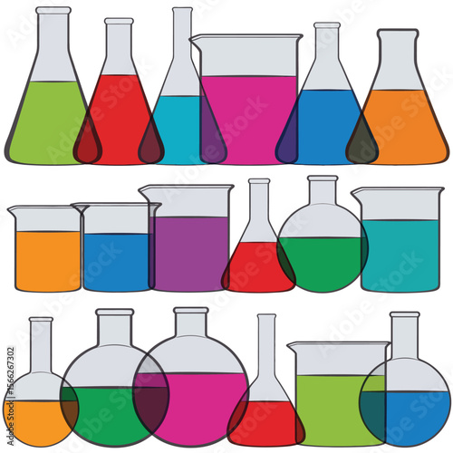 Collection of colorful science laboratory glassware filled with liquids