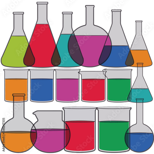 Collection of colorful liquid filled laboratory glassware and beakers on white background