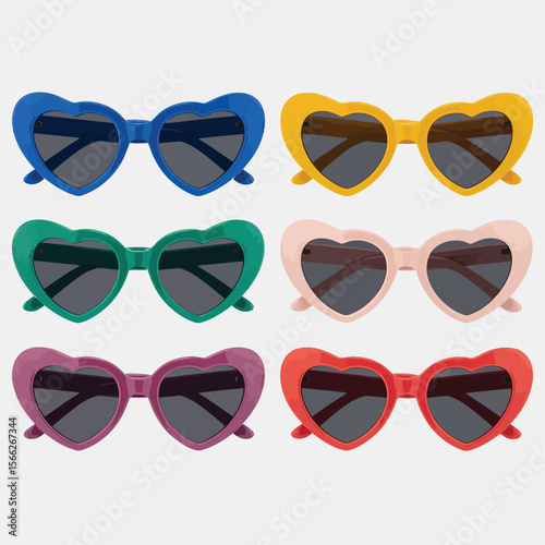 Collection of six colorful heart shaped sunglasses against a white background
