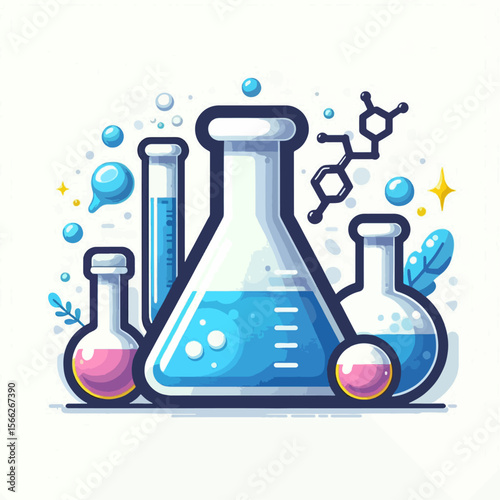 Stylized illustration depicting various laboratory glassware, including beakers and test tubes, set against a light background with decorative elements.