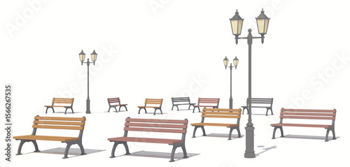 Several park benches and lampposts arranged on a white background