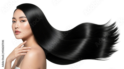 Beautiful Asian woman with long black silky hair flowing to the side