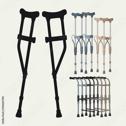 Collection of medical mobility aids including crutches and walkers in various colors