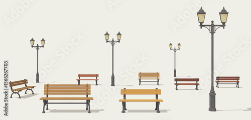 Collection of park benches and vintage street lamps against a plain background