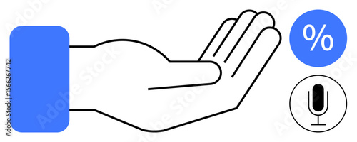 Open palm with a blue sleeve alongside percentage and microphone icons. Ideal for finance, communication, support, customer service, accessibility, technology, and simple landing page