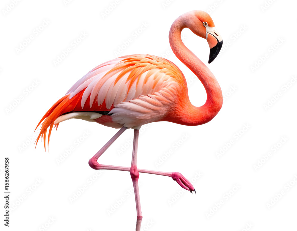 Fototapeta premium Graceful Flamingo Standing on One Leg with Reflected Water Ripples, isolated on transparent background.