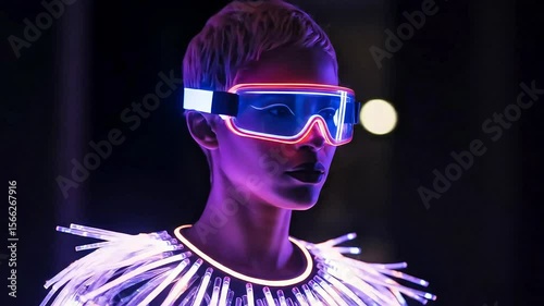 Futuristic portrait of a person wearing glowing glasses and illuminated attire against a dark background