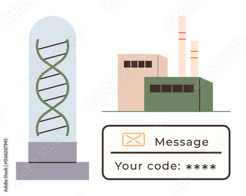 DNA helix in a glass capsule, factory with chimneys, verification message. Ideal for biotechnology, genetic research, data security, industrial innovation, authentication, science communication