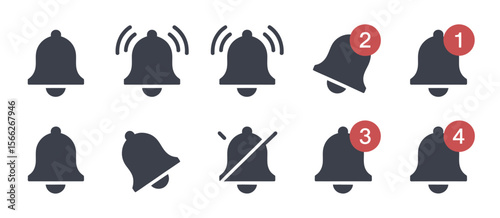 Set of notification bell icons showing different states and counts