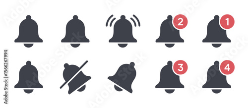 Collection of notification bell icons showing different states and counts