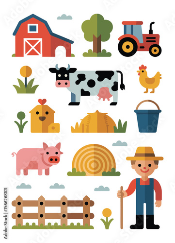 Charming flat design illustration of a farm with animals tractor and farmer