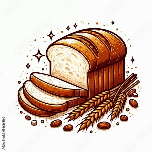 Graphic design of a loaf of bread, sliced and arranged with wheat and nuts, set against a white background.  It is a detailed illustration with a stylized, decorative look.