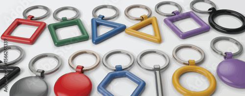 Collection of colorful geometric shape keychains with metal rings on white background