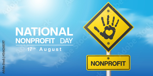 August 17 is National Nonprofit Day. Hand, heart, cloud and sun. Suitable for posters, banners and social media. Blue sky background.