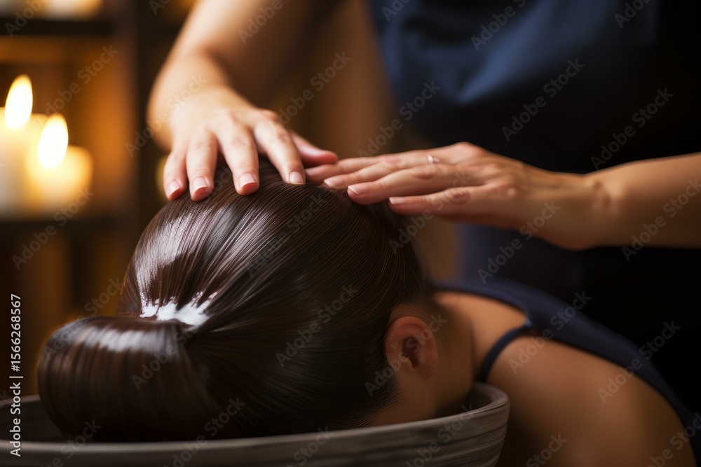 Fototapeta premium Hairdresser applying shampoo and massaging hair of customer in beauty parlor