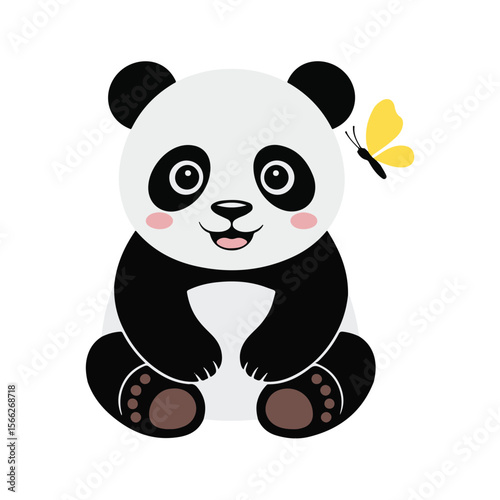 Cute cartoon panda bear sitting and looking at a yellow butterfly