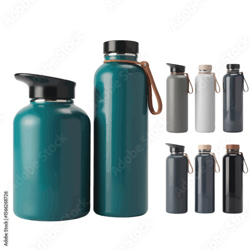 Collection of modern reusable water bottles in various colors and styles