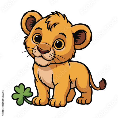 Adorable cartoon lion cub with a lucky clover leaf on white background