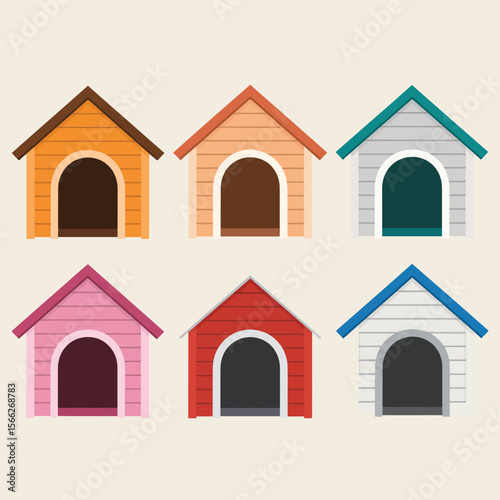 Collection of six colorful dog houses in a flat design style