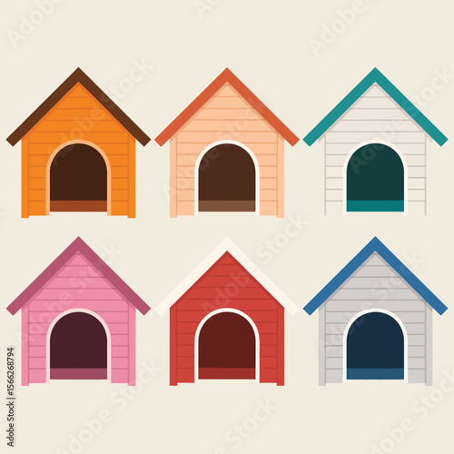 Collection of six colorful dog houses arranged in two rows on a light background