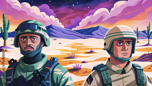 two army soldier in white isolated background ideal for conflict zone illustrations, military game assets, posters, and educational visuals