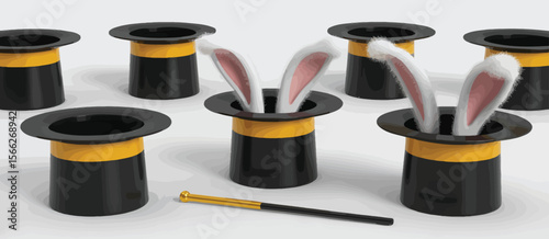 Magician s top hats with fluffy white bunny ears emerging from some