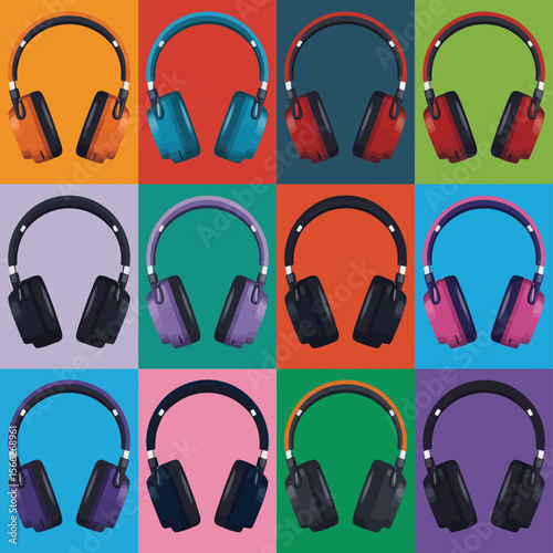 Colorful collection of modern headphones arranged in a grid pattern