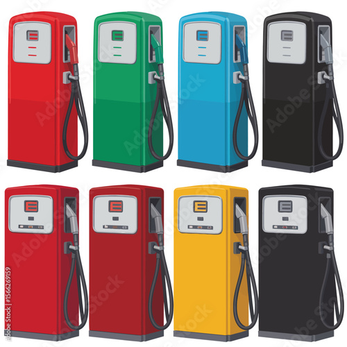 Collection of colorful vintage style gas pumps with hoses and nozzles