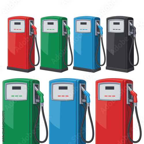 Collection of colorful vintage style gasoline pumps isolated on white background