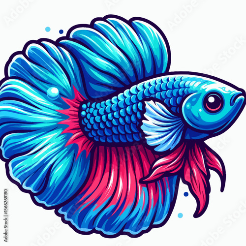 Digitally rendered, colorful betta fish, exhibiting detailed fins and scales, in a profile view.  The design is vibrant and eye-catching.