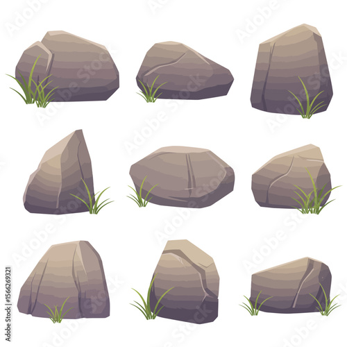 Collection of nine stylized grey rocks with green grass accents on a white background
