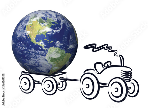 Retro tractor symbol with a globe.
