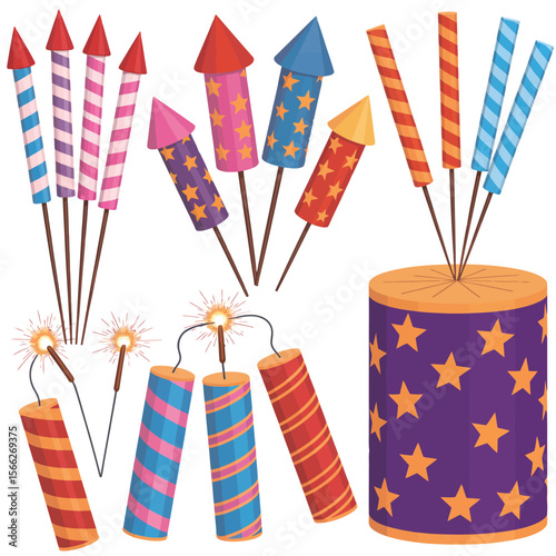 Collection of colorful cartoon fireworks and sparklers on white background