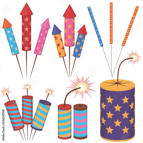 Collection of colorful cartoon fireworks and sparklers on white background