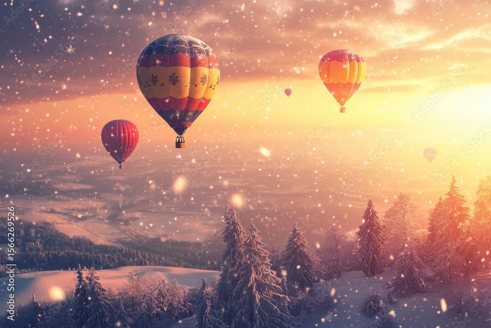 Obraz premium Hot air balloons race across a snowy landscape under a vibrant winter sunset, Hot air balloons racing across the winter sky, with snow falling as the sun sets on the horizon