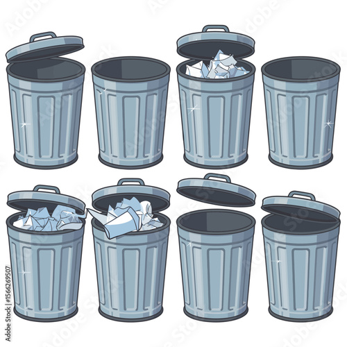 Collection of silver metal trash cans with lids open and closed