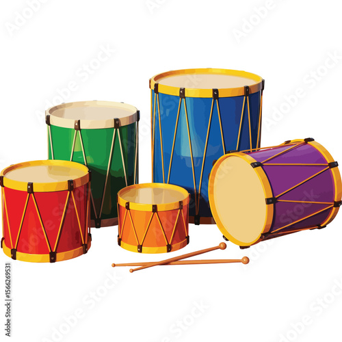 Group of colorful drums and drumsticks on a white background