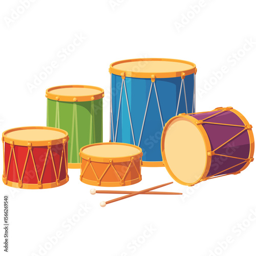 Collection of colorful drums and drumsticks on a white background