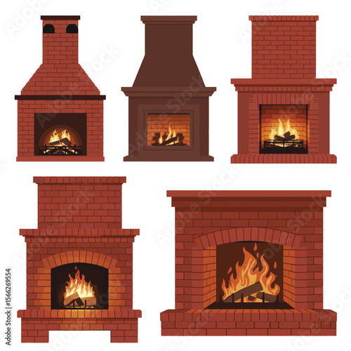 Collection of five different styles of brick fireplaces with glowing fires
