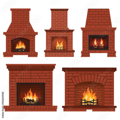 Collection of five different brick fireplaces with glowing fires and logs