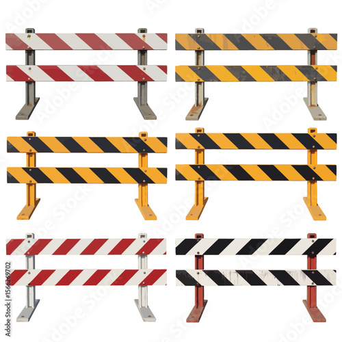 Collection of construction barricades with red white and yellow black striped patterns