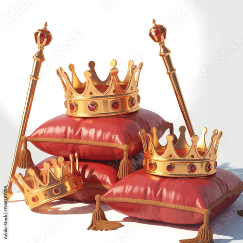 Golden royal crowns and scepters resting on plush red velvet cushions