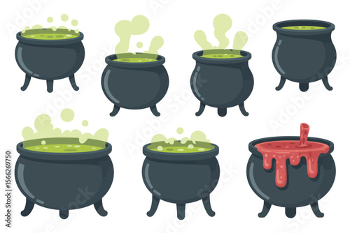 Collection of seven cartoon cauldrons with bubbling green potion and one with red liquid