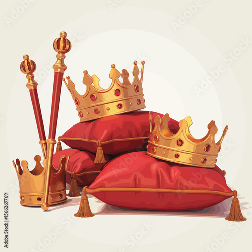 Golden royal crowns and scepters resting on plush red velvet cushions