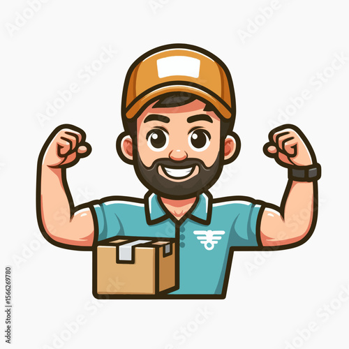 Cheerful cartoon character portrays a delivery person holding a cardboard box, demonstrating pride and happiness.