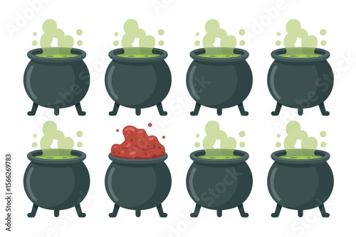 Collection of eight cartoon cauldrons with bubbling green and red potions