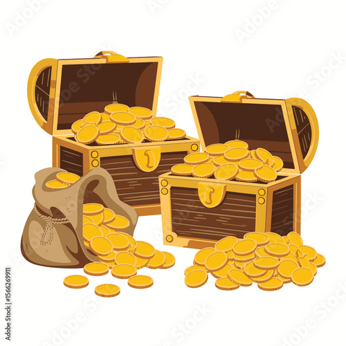 Two open treasure chests overflowing with gold coins and a spilled money bag